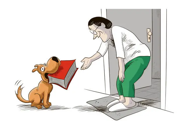 Vector illustration of the dog brings the woman her book