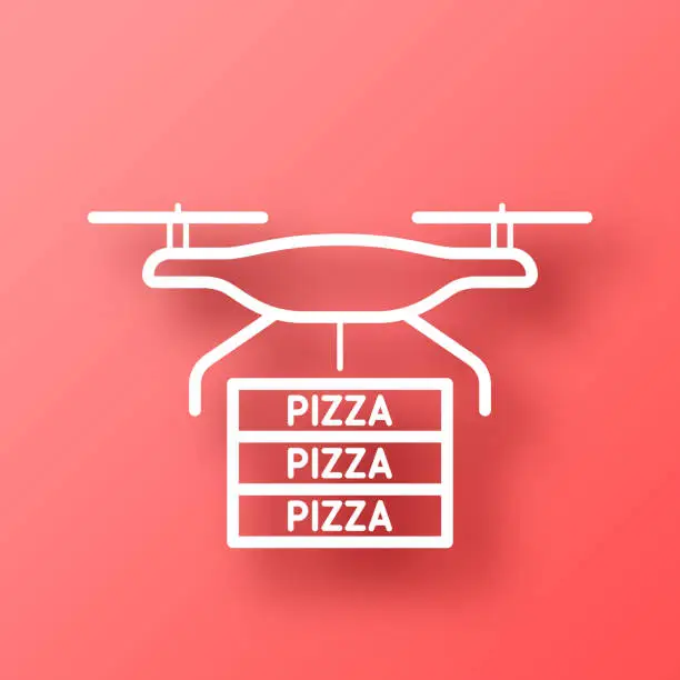 Vector illustration of food delivery drone with pizza. Icon on Red background with shadow