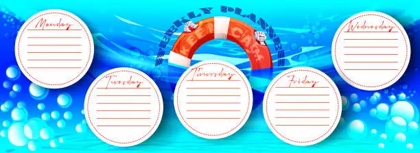 Vector illustration of Weekly, diary in sea cruise summer style. Paper note with a circle of salvation on the background of sea water.