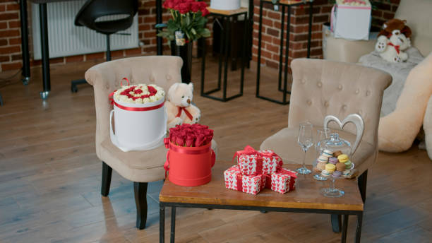 istock Empty room with valentines day flowers bouquet and gift box 1447109943