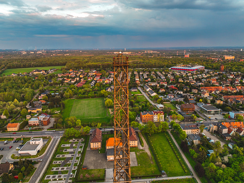 The largest wooden tower in the world. The historic tower in Gliwice, aerial view.