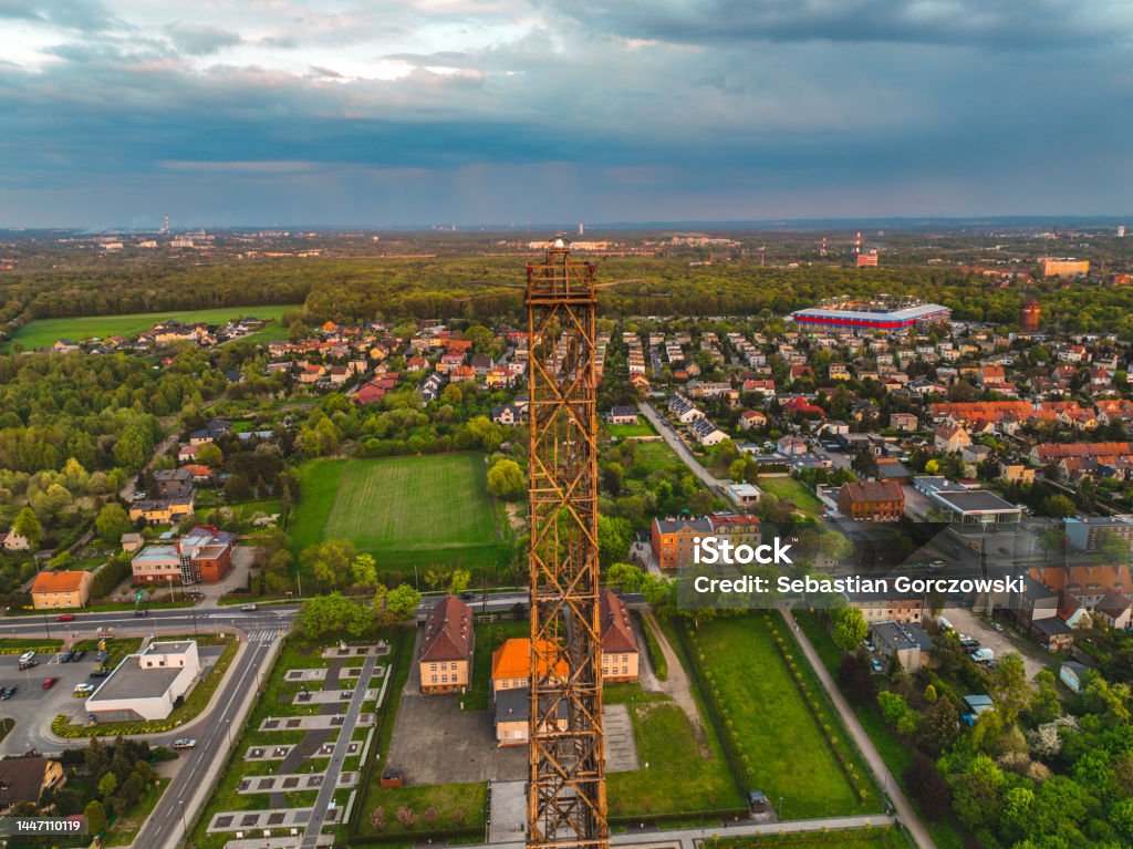 Radio station in Gliwice. The largest wooden tower in the world. The historic tower in Gliwice, aerial view. Eiffel Tower - Paris Stock Photo