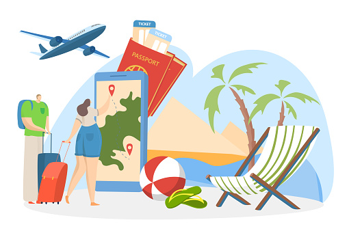 Smartphone application booking service, couple family character choice train, flight vacation ticket flat vector illustration, isolated on white. Concept world travel hot tropical country.