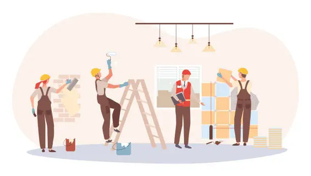 Vector illustration of Group of builder people character repair interior design, professional constructor fix home decor flat vector illustration, isolated on white.