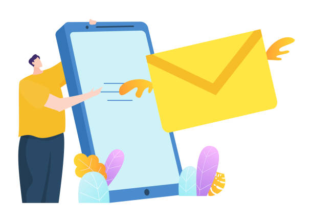 istock Male character hold mobile phone mail advertisement marketing, smartphone postal application flat vector illustration, isolated on white. 1447111411