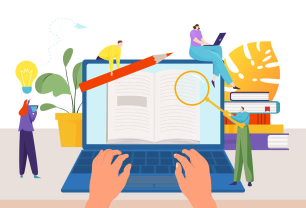 istock Creative writer work with laptop, writing bestseller book tiny people together hold pencil, magnifier flat vector illustration, isolated on white. 1447111559
