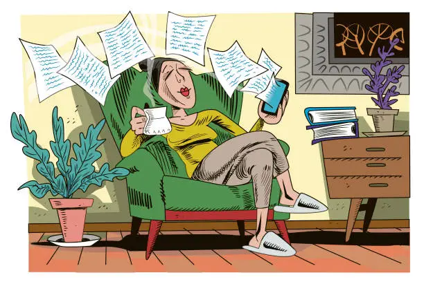 Vector illustration of Woman Reading Digital Book
