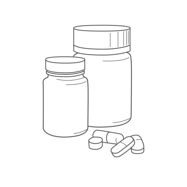 Vitamins, drugs, dietary supplements, vials, tablets and capsules vector art illustration