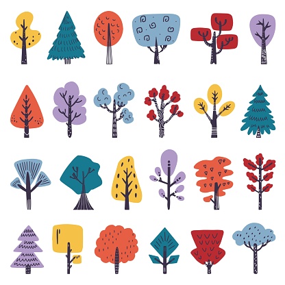 Doodle flat tree, cute bushes. Eco scandinavian style trees. Forest or park decoration plants. Natural trendy graphic neoteric vector woodland kit of tree scandinavian doodle illustration