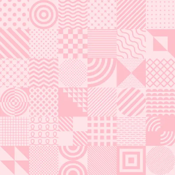 Vector illustration of Pattern background of squares with various geometric patterns in pink color