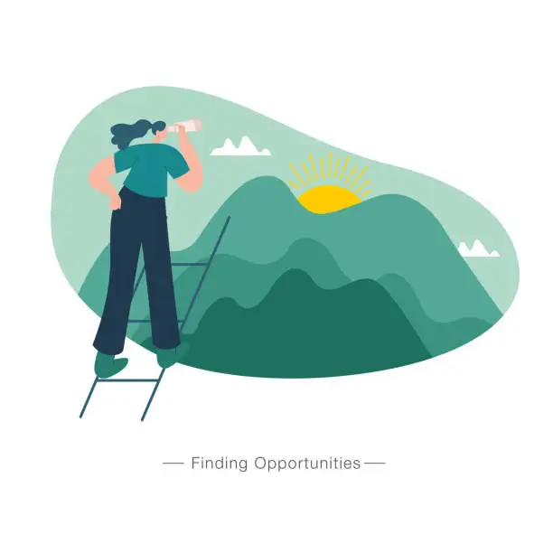 Vector illustration of Young women using binocular finding opportunities concept illustration. suitable for web, banner, poster and landing page