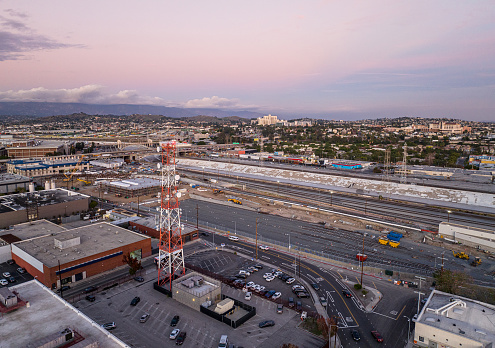 Aerial view of communications tower in landscape, Los Angeles