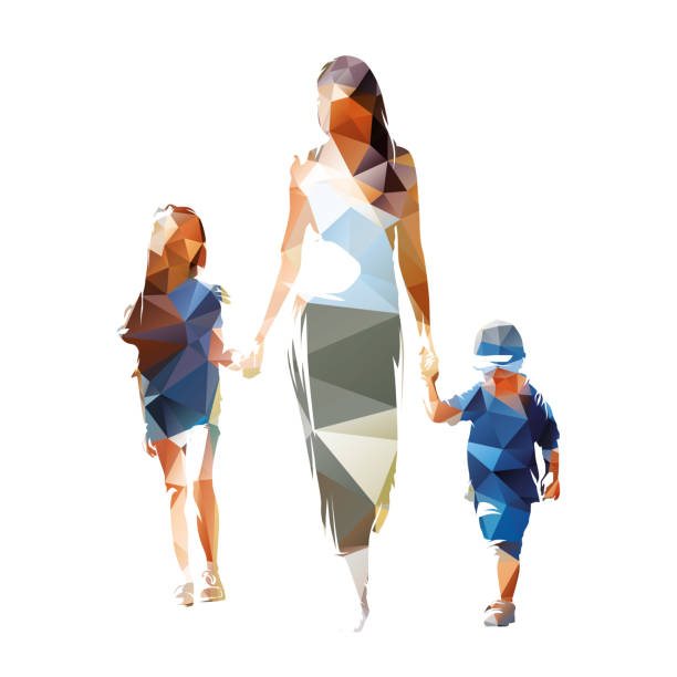 Mom walking with the kids and holding hands. Mother with daughter and son. Isolated vector silhouette, low polygonal drawing from triangles, front view vector art illustration