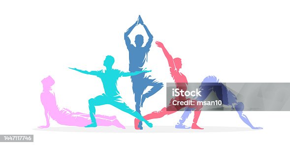 istock Yoga poses, group of active people practicing yoga, flat design isolated vector silhouettes 1447117746
