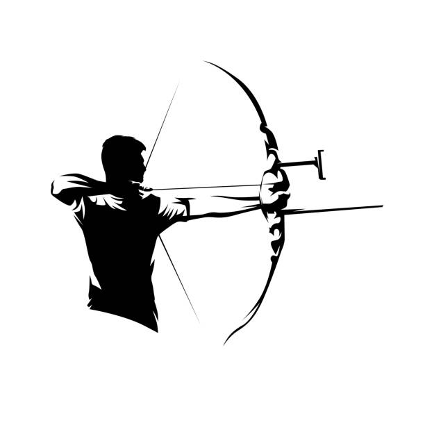 양궁, 아처 운동 선수 촬영 화살표, 고립 된 벡터 실루엣 - archery range illustrations stock illustrations