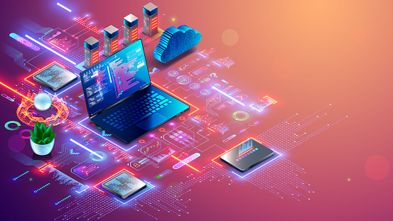 Technology of computer network, digital infrastructure IT business. Isometric illustration of laptop with software code on screen, internet communication with servers, digital cloud, hardware devices.