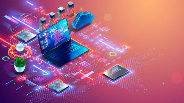 Technology of computer network, digital infrastructure IT business. Isometric illustration of laptop with software code on screen, internet communication with servers, digital cloud, hardware devices. vector art illustration