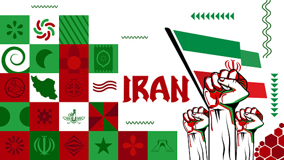 iran national day banner for Iranian Islamic Republic Day , Ruz e Jomhuri or republic with abstract modern design. Flag and map of iran with typography red green color theme.