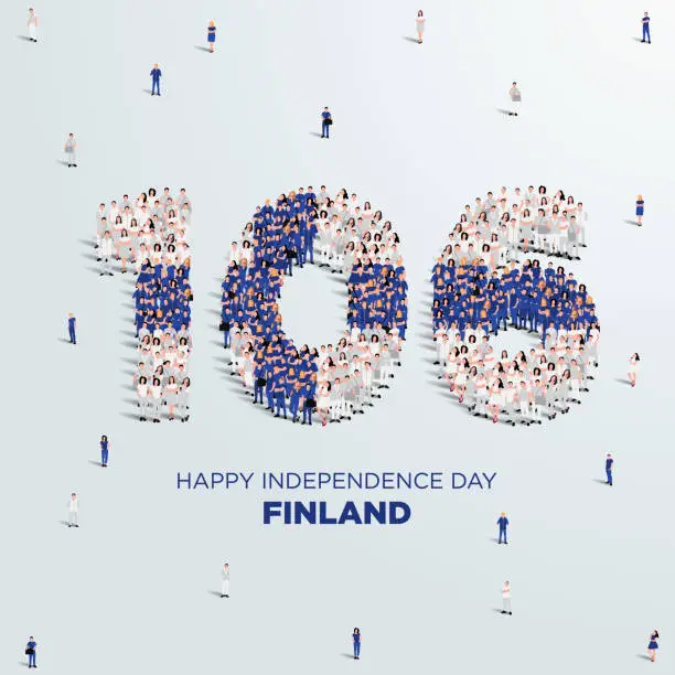 Vector illustration of Happy Independence Day Finland Design. A large group of people form to create the number 106 as Finland celebrates its 106th Independence Day on the 6th of December.