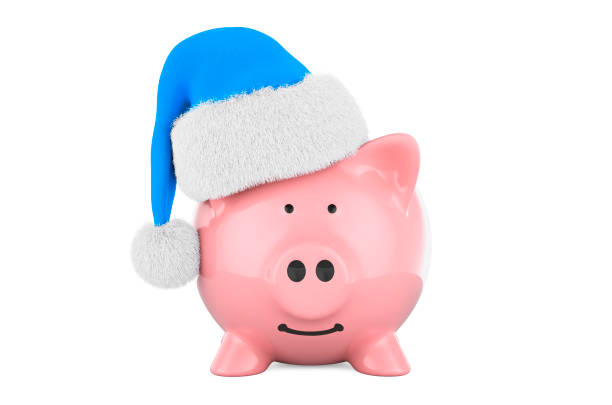 istock Piggy bank with blue Christmas hat. 3D rendering 1447118152