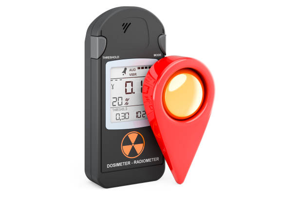 Radiation dosimeter with map pointer. 3D rendering Radiation dosimeter with map pointer. 3D rendering isolated on white background radiation dosimeter stock pictures, royalty-free photos & images