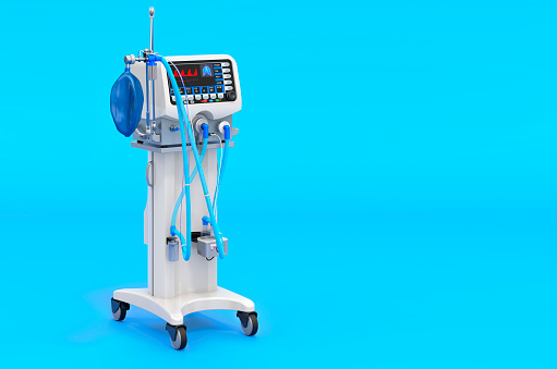 Ventilator for artificial ventilation, 3D rendering on blue background