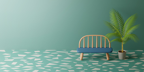 A blue bench sits beside a yellow palm tree in a green room with a beautiful mosaic floor. There was a light shining through on the left hand side.3D Render illustration.