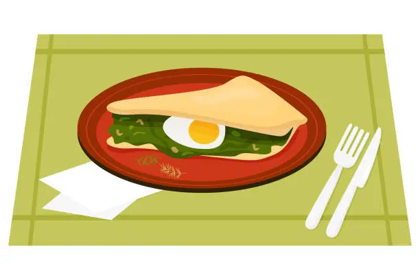 Vector illustration of Baked pie with filling. Torta pascualina is originall. Traditional popularArgentinian food. Also known as Italian Easter pie. Vector illustration in flat style for design of culinary themes and menus.