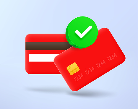 Red credit cards with green checkmark. 3d vector icon