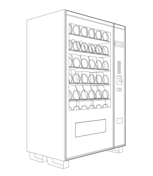 контур автомата по продаже закусок из черных линий, изолированных на белом фоне. вид сбоку. 3d. векторная иллюстрация. - vending machine machine soda selling stock illustrations