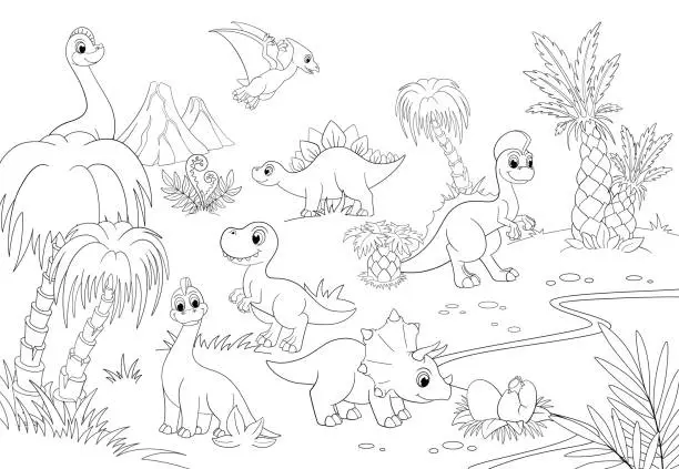 Vector illustration of Line dinos on jungle, dinosaur t-rex, palm tree and volcano. Outline pterodactyl flying, cute dino and eggs. Coloring for children template, vector prehistoric cartoon landscape