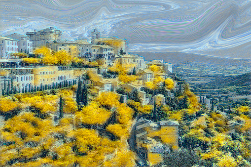 Illustration of Gordes village in France on a cloudy day