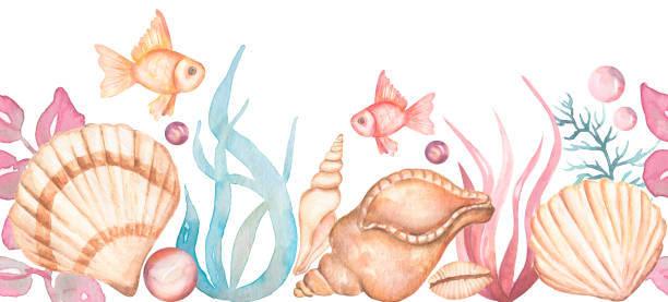 istock Watercolor marine repeat border. seamless sea tape with corals, starfish and shells, Seamless pattern, frame with underwater life objects 1447128502