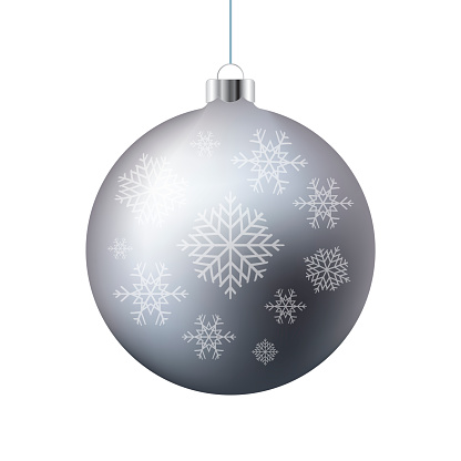 Beautiful traditional silver christmas bauble vector isolated on a white background. Hanging bright christmas ball graphic design element