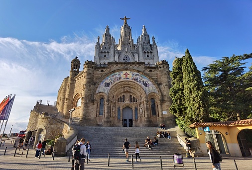 September25, 2022 - Barcelona, Spain: tourists visiting the Sagrat Cor church temple at Tibidabo, Barcelona