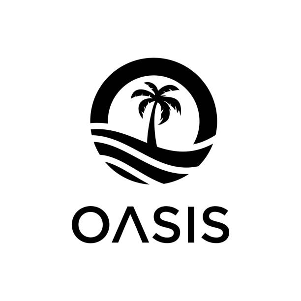 буква o и иллюстрация пустыни с изображением символа высокой пальмы - oasis stock illustrations