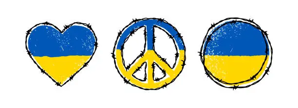 Vector illustration of Barbed wire circle, peace sign and heart shapes in Ukrainian flag blue and yellow colors. Hand drawn vector illustration in sketch style. Save Ukraine concept