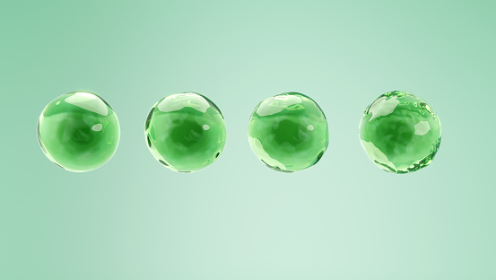 Green bubble of aloe vera gel on green background for herbal serum product concept. 3D rendering.