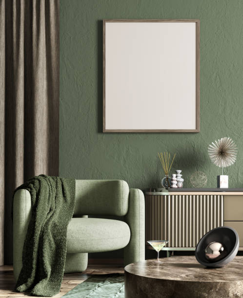Interior design of living room with coffee table and green armchair, mock up poster on the wall. Home design. 3d rendering Interior design of living room with coffee table and green armchair, mock up poster frame on the wall. Home design. 3d rendering art deco vase stock pictures, royalty-free photos & images