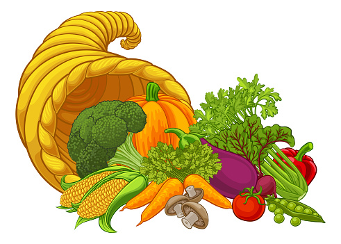 A cornucopia gold horn of plenty basket full of vegetables and fruits produce cartoon illustration.