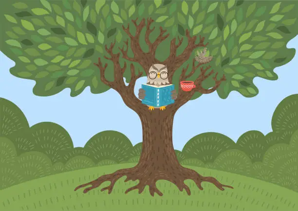 Vector illustration of Owl reads book on big tree.