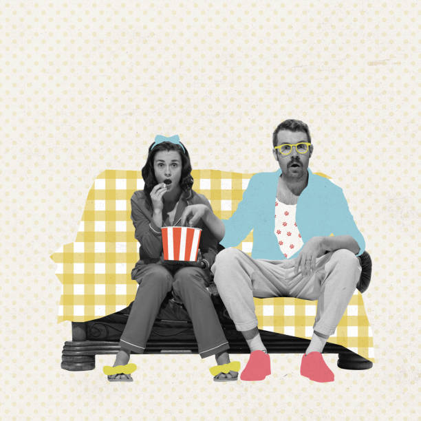 Contemporary art collage. Creative design in retro style. Beautiful young couple, man and woman sitting on sofa and watching movie with excitement Contemporary art collage. Creative design in retro style. Beautiful young couple, man and woman sitting on sofa and watching movie with excitement. Concept of family, relationship, vintage, lifestyle. image type stock pictures, royalty-free photos & images