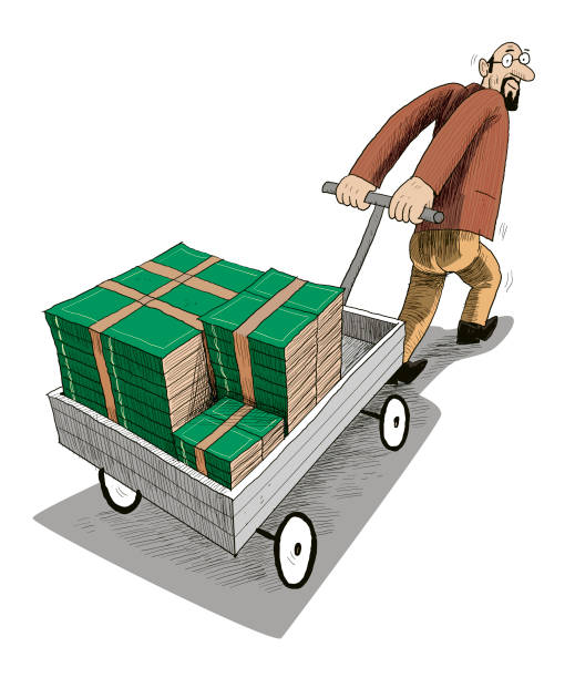 Man Carrying Books in Wheelbarrow man pulling wheelbarrow full of books decoupage stock illustrations