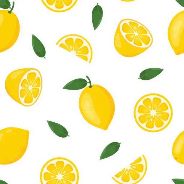 Vector illustration of Lemon seamless pattern. Whole, half and slices of yellow lemons with green leaves on white background. Summer fruits theme.