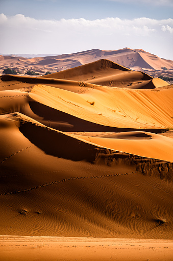 Sahara Desert sand dunes background. Popular travel destination, Erg Chebbi, Sahara Desert, Morocco.