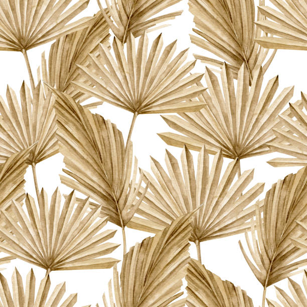 istock Seamless Watercolor Pattern with dried Palm Leaves. Hand drawn illustration with tropical exotic plants in boho style on isolated background. Print for wallpaper or textile design. Botanical drawing 1447136480