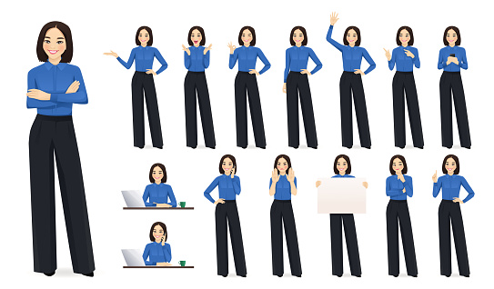 Elegant asian beautiful business woman in different poses set. Various gestures female character standing and sitting at the desk isolated vector illustration