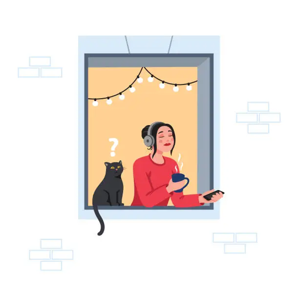 Vector illustration of A girl with cup of coffee in the window listens to music, podcast. Flat cartoon style