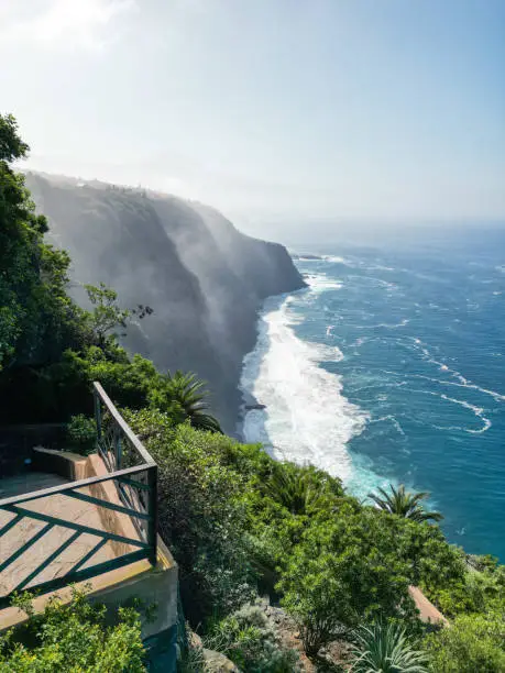 Aerial view of a beautiful viewpoint on the edge of a cliff in Tenerife. Vertical photo