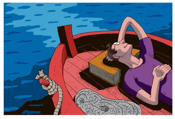 Vector illustration of man lying in a boat with a book under his head